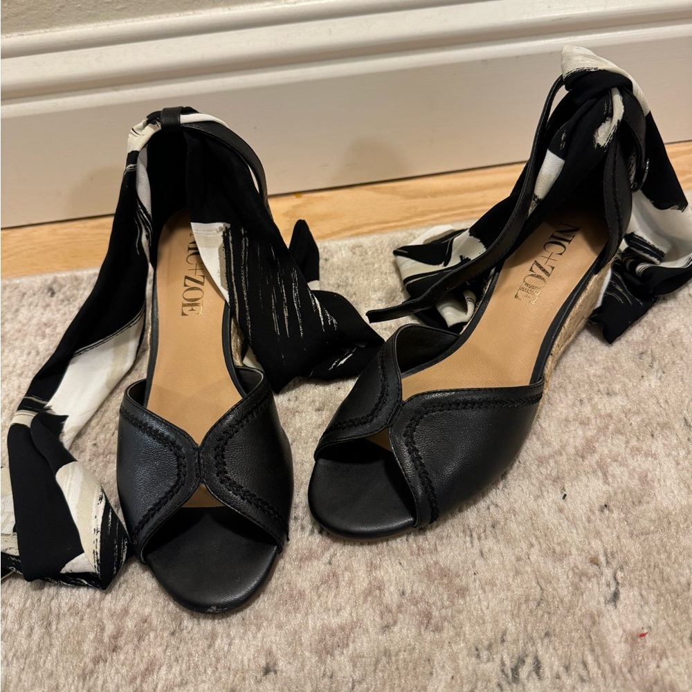 NIC+ZOE Black Bow Wrap Wedge Heel Sandals - Brynn Espadrille - Size 6.5M